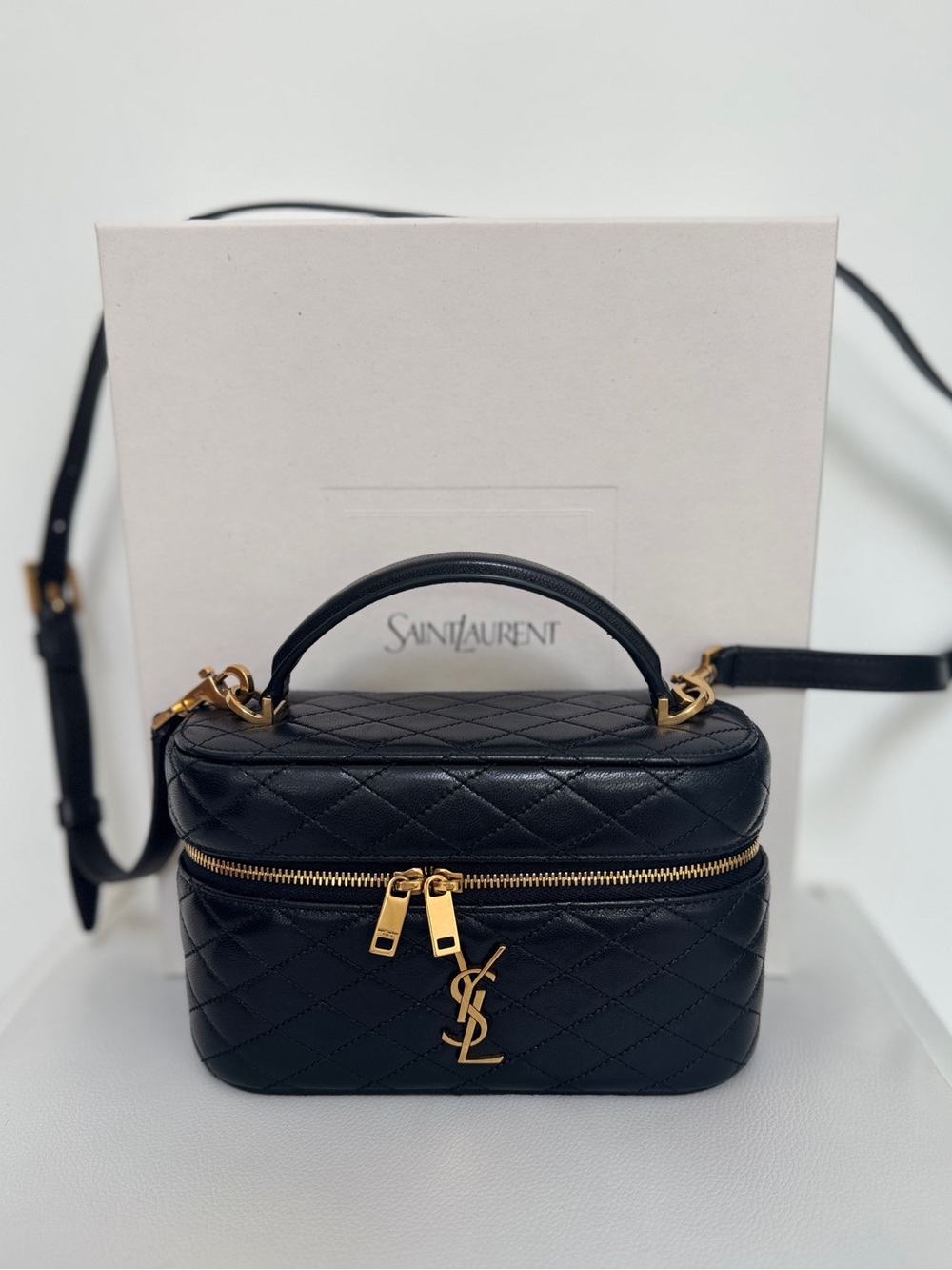 Saint Laurent Black Quilted Leather Vanity Bag with Gold Hardware